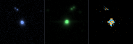 A three-panel cutout: a blue point source on black at left, a brighter green point source in the middle panel, and at right an amber ring with cyan flanks on an otherwise black square.